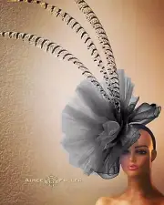 Kentucky Derby Fascinator Hat Black Gray Black Lady Amherst Feather Royal Ascot