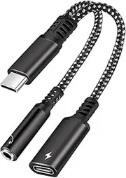 Jotia USB C to 3.5mm Headphone and Charger Adapter, 2-in-1 USB Type C to Aux Audio Splitter Jack with PD 60W Fast Charging Compatible with iPh-one 15 Series, Sa-msung Ga-laxy S21 S22 S23 S24 (Black)