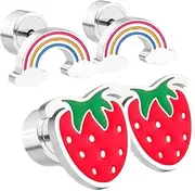 [WOFASHPURET] Hypoallergenic Boys and Girls Earrings 2 Pairs Fruit Earrings Set Strawberry Rainbow Flat Back Girls' Fashion Accessory