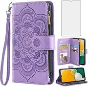 [Asuwish] Compatible with Samsung Galaxy A13 5G Wallet Case and Tempered Glass Screen Protector Flip Card Holder Cell Accessories Phone Cover for Gaxaly A 13 G5 2022 13A A135G SM A136U Women Men Purple
