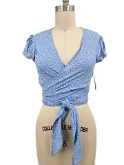 New Flynn Skye Thats a Wrap Crop Top Womens M Light Blue White Dots Rayon Tie