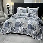 VIVILINEN Queen Size Quilt Set Grey Patchwork Floral Plaid Reversible Quilted Bedspread Coverlet 3-Piece Lightweight Comforter Stitched Bedding Set Bed Sheet Set Cover Blanket with 2 Pillow Shams