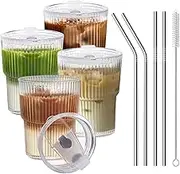 RÉΑLWÁY 13 OZ Glass Cups with Lids and Straws, Iced Coffee Cups with Lids, Clear Ribbed Glassware for Coffee Smoothie Cocktail Ice Tea, Glass Tumbler with Straw and Lid, Set of 4