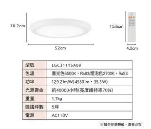 Panasonic國際牌 LGC31115A09 日式 和卷 LED 調光調色遙控燈具 35.3W (7.6折)