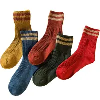 在飛比找蝦皮商城優惠-大唐襪業 D239韓國羊毛襪 復古條紋加厚中筒襪 翻邊民族風