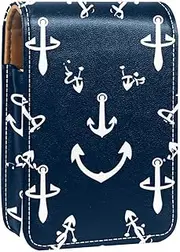Lipstick Case,Leather Lip Gloss Lipstick Organizer with Mirror,Mini Lipstick Holder Bag,Blue Background Anchor
