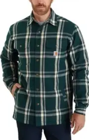XL NWT Carhartt Men Ink Green Flannel Sherpa Lined Plaid Snap Front Shirt Jacket