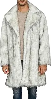 [Zylphorix] Men's Mid Long Suit Collar Faux Fur Coat Open Front Thicken Fluffy Outerwear Winter Warm Cardigan Trench Overcoat