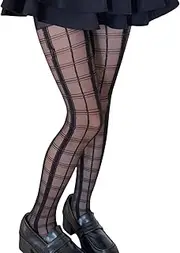 [Oxtxuzdm] Women Japanese Aesthetic Sheer Tights Stockings Elegant Plaids Checkered Pattern See Through Black Pantyhose Hosiery