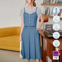 在飛比找momo購物網優惠-【ILEY 伊蕾】條紋背心牛仔假兩件式長洋裝(藍色；M-XL