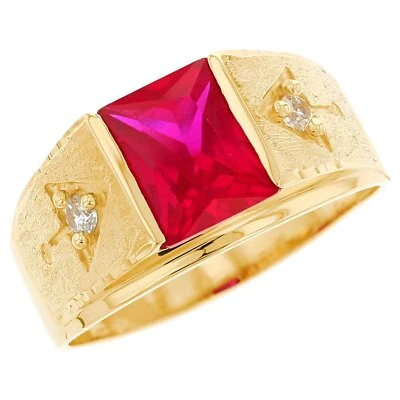 10k or 14k Gold White CZ & Rectangle Simulated Ruby July Birthstone Mens Ring