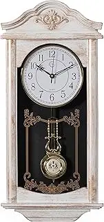 Large Vintage Grandfather Wood- Looking Plastic Pendulum Wall Clock for Living Room, Kitchen, or Dining Room, Large White