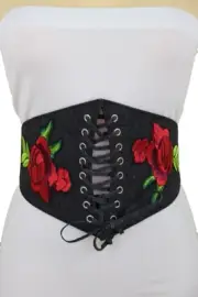 Women Black Denim High Waist Corset Elastic Fashion Belt Red Rose Flower Fit S M