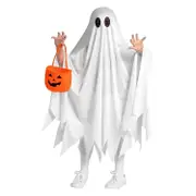 Kids Ghost Costume White Ghost Cloak with Pumpkin Bag for Boys Girls Toddler Halloween Dress-up