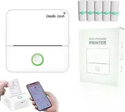 Doodle Dash Printer Mini Printer Sticker Maker Bluetooth Connection Cell Phone, Tablet with 5 Self-Adhesive Rolls Printing Paper Wireless Inkless Pocket Printer Suitable for Photos, Study (White)