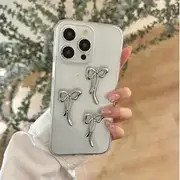 Ribbon Applique Transparent Phone Case For iPhone 16, 16 Plus, 16 Pro, 16 Pro Max, 15, 15 Pro, 15 Pro Max, 14, 14 Plus, 14 Pro, 14 Pro Max, 13, 13 Pro, 13 Pro Max Transparent - Silver Ribbon - iPhone 12 Pro Max