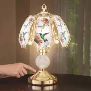 Colorful Hummingbird Scene Glass 3-Way Touch Table Lamp Gold Base Home Decor