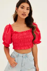 Red Crop Top Short Sleeve Square Neck Linen Blend - Size 12, Women's Crop Top