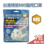 台灣精碳成人N95醫用口罩 抗菌防護PM2.5 防曬抗UV 單片/包 【未來藥局】