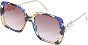 [Healvian] Fashionable Pearl Decorative Sunglasses for Women Durable Outdoor Square Glasses with Blue Floral Frame and Tea Color Lens for Summer and Festivals