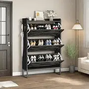 [DWVO] Shoe Cabinet with 3 Flip Drawers, Farmhouse Shoe Storage Organizer with Metal Legs for 24 Pairs of Shoes, Narrow Slim Shoe Rack Cabinet for Entryway, Living Room, Hallway (Dark Rustic Oak)