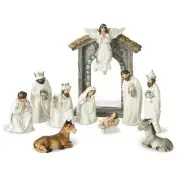 Glitzhome Tabletop Christmas Decorations 8" H Ivory Resin Nativity Set (11-Pcs.)