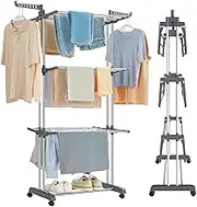 FIME. Clothes Drying Rack, Oversized 4-Tier(67.7" High) Foldable Stainless Steel Drying Rack Clothing, Movable Drying Rack with 4 castors, 24 Drying Poles & 14 Hooks for Bed Linen, Clothing, Grey