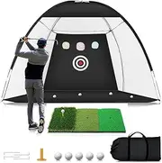 Golf Net, 10x7ft Practice Net With Tri-Turf Mat - All in 1 Home Hitting Aid for Backyard Driving, Chipping, Swing Training - Includes Target, Mat, Balls, Tee - Golf Lovers