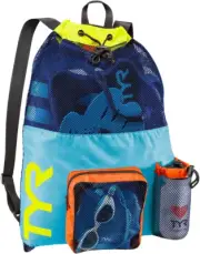 Big Mesh Mummy Backpack for Wet Swimming, Gym, and Workout Gear, Blue/Yellow