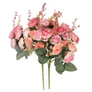 2Pcs 7 Branch 21 Heads Artificial Silk Rose Flower with Stem, Coral Pink
