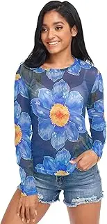 [RPLIFE] Blue Watercolor Flowers Mesh Top, Sheer Long Sleeve Top S-XXL