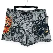 NEW Ed Hardy Men's XL Mesh Athletic Shorts Black & Grey Panther Skulls Spellout