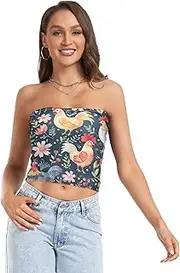 [RPLIFE] Chickens and Flowers Tube Tops for Women, Trendy Crop Tops, Sheer Tube Tops, Summer Tube Tops (S)