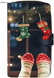 [RTSEBVN] Leather Wallet Multifunction Long Wallet Fashion Christmas Socks Xmas Party Printing Leather Purse with For Women And Men, style, 19.7x11x3.5cm, Leather Wallet