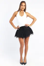 Black Mini Skirt High Waisted Shirred Back Lace Up Tutu - Size 6XXS, Women's Mini Skirt