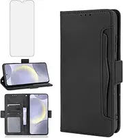 Compatible with Samsung Galaxy S24 Plus S24+ 5G Wallet Case and Tempered Glass Screen Protector Card Holder Stand Leather Flip Cell Phone Cover for S24plus 24S + S 24 24+ Women Men Black