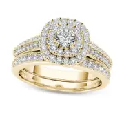 0.88 CT. T.W. Natural Diamond Double Cushion Frame Multi-Row Antique Vintage-Style Bridal Engagement Ring Set in Solid 14K Gold