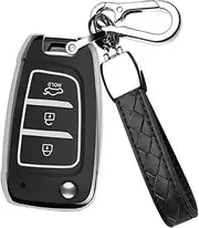 HIBEYO Flip 3 Button Key Fob Cover for Hyundai Elantra Solaris 2 Tucson I30 I35 I40 Ix35 Kona Genesis Santa Fe Azera Verna Accent Celesta Sonata Car Accessories with Keychain-Leather Key Chain(Black)