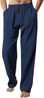 Mens Baggy Cotton Linen Pants Elastic Waist Casual Pants Straight Leg Summer Lightweight Yoga Beach Vacation Trousers