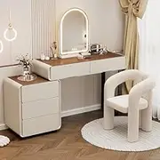Stylish and Modern Vanity Makeup Set with Arched Mirror Chair and Side Cabinet 5 Drawers 3 Color Dimmable Desk Easy Installation White 80cm/31(Brown,100cm/39.3in)