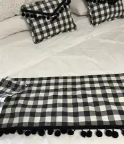 Large Buffalo Check Custom Made Valence W/ Pom Poms Black White