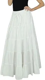 [Bimba] Womens Long Flai Cotton Skirt Boho Style Maxi Elastic Waist Bottoms Indian