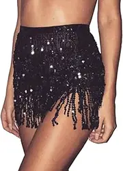 [VOXMDY] Women‘s Sequin Tassel Hip Skirt Belly Dance Scarf Rave Festival Party Wrap Fringe Skirts
