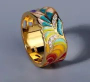 S925 STERLING SILVER ENAMELED BAND GOLD PLATED FLORAL HANDMADE DUBAI RING
