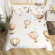 Hot Air Balloon Duvet Cover Set Queen Size,Cloud Starry Sky Cartoon Balloons Bedding Set,Boys Girls Room Decor,White Crane Bird Animal Comforter Cover,Beige Quilt Cover,2 Pillowcases(No Comforter)