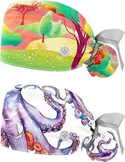 [YTYVAGT] 2-Pc,Nurse Scrub Caps,Scrub Hats with Buttons and Cotton Sweatband,Colored Forest Tree Fox