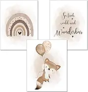 artpin® Poster Children's Room Decoration - Set of 3 Pictures Baby Room Sand Beige for Boys Girls A4 Fox Animal Poster Balloon Beige (K4)