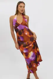 Multi Abstract Halter Neck Dress Midi - Size 16XL, Women's Midi Dress