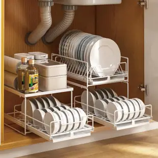 【慢慢家居】雙層廚房可抽拉碗盤瀝水架下水槽收納架(2款任選)