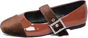 [qibusleen] Women's Flat Mary Jane Shoes with Suede Cap Toe Dress Leather Ballet Flats with Square Rhinestone Buckle Comfortable Slip On Work Office Ankle Strap Flats, Brown, 8.5